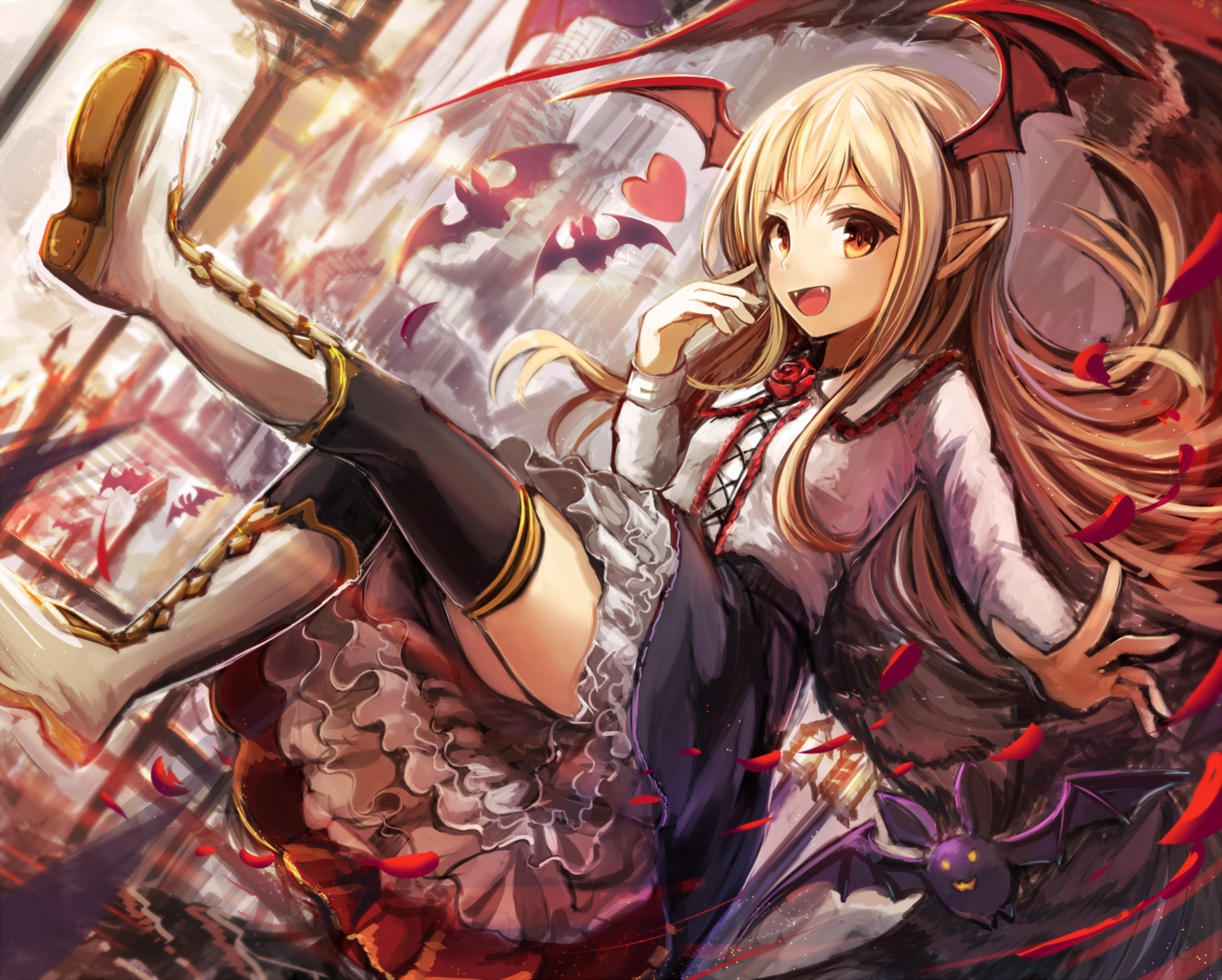 animal, bat, blonde_hair, boots, granblue_fantasy, long_hair, orange_eyes, petals
