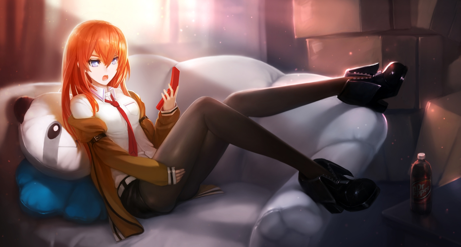 blue_eyes, boots, couch, hanshu, long_hair, makise_kurisu, orange_hair, pantyhose