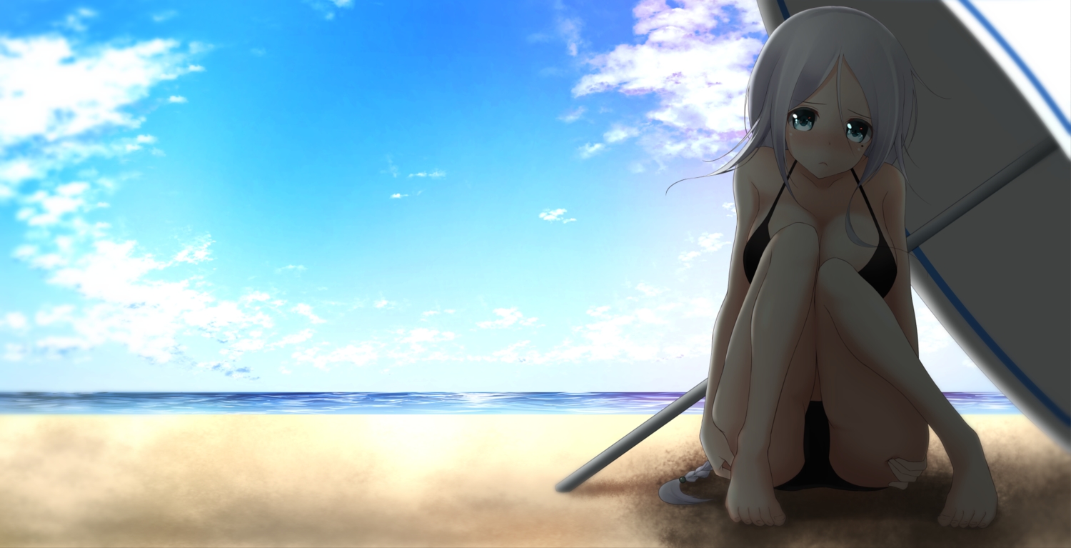 aliasing, anthropomorphism, barefoot, beach, bikini, blue_eyes, clouds, gray_hair, kantai_collection, nanahane_fl, shade, swimsuit, umbrella, umikaze_(kancolle), water