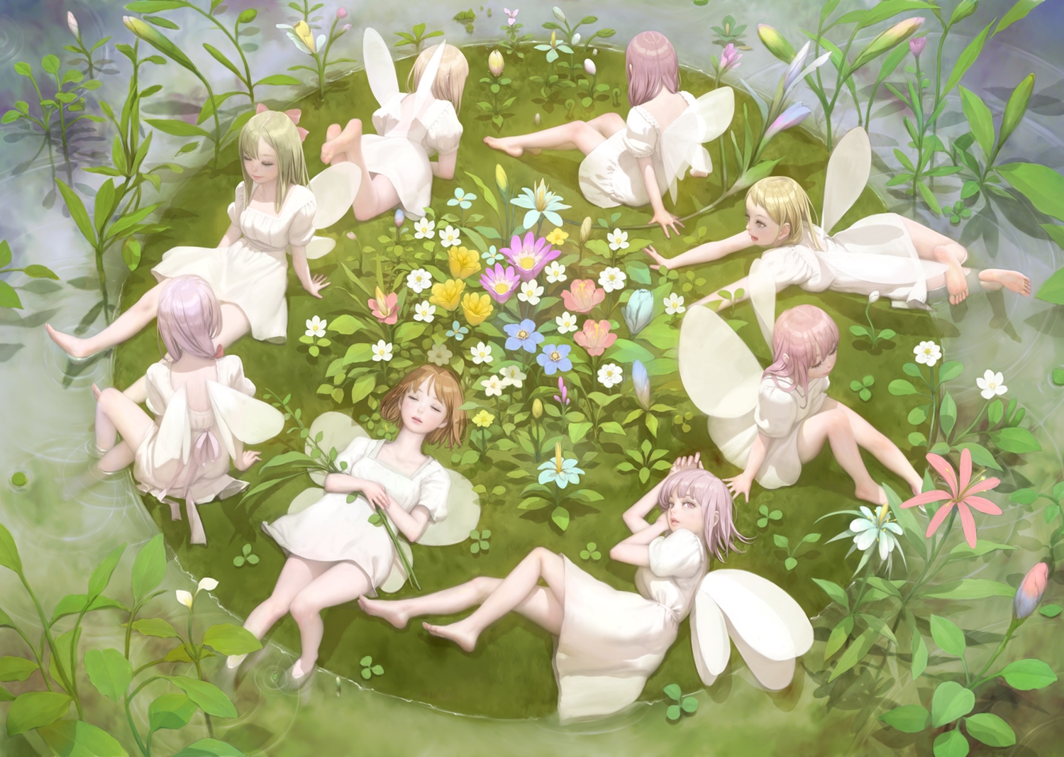 barefoot, blonde_hair, bow, brown_hair, dress, fairy, flowers, gray_hair