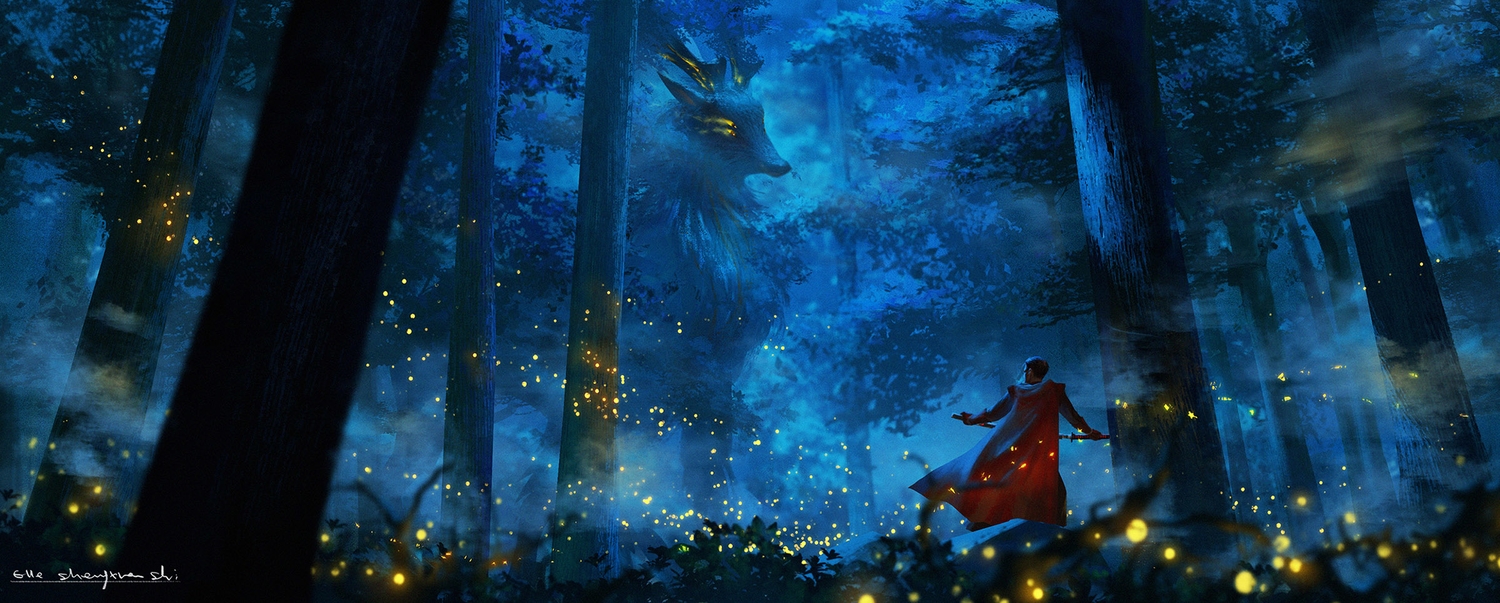 animal, cape, dualscreen, forest, katana, lost_elle, magic, night