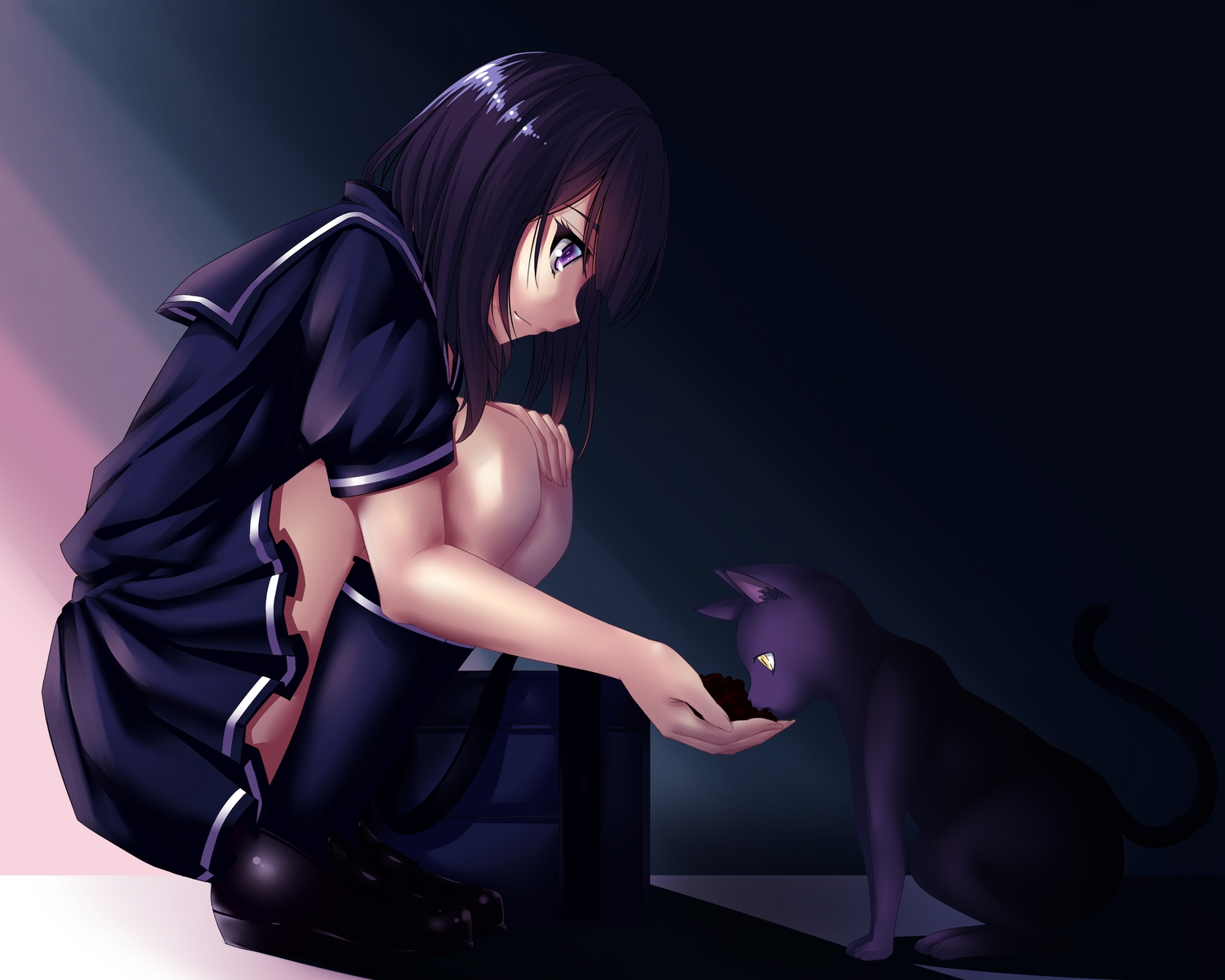animal, black_hair, cat, dark, food, kneehighs, mizutsuki_rei, original, purple_eyes, school_uniform