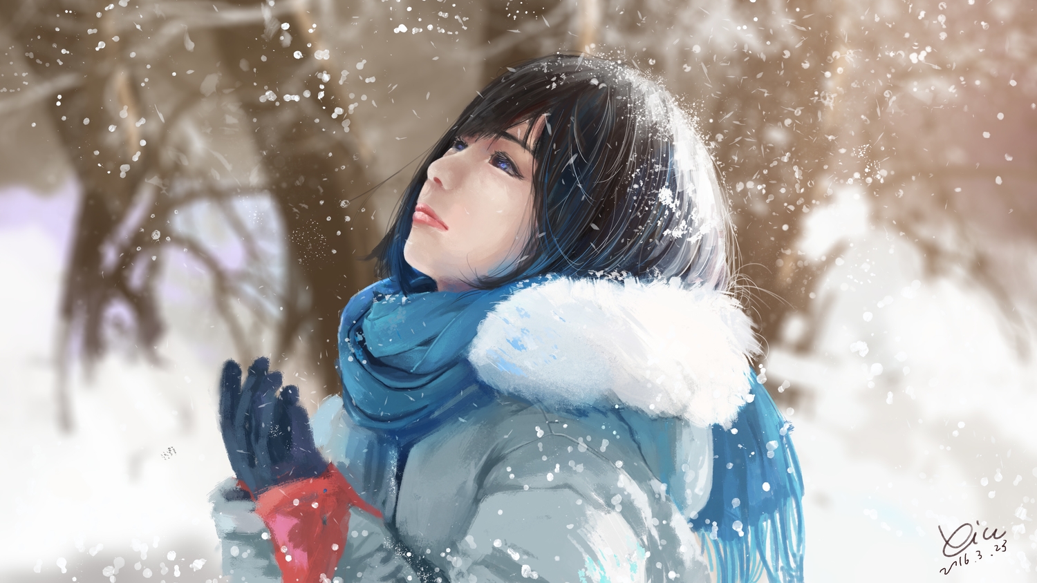 black_hair, blue_eyes, gloves, original, realistic, signed, snow, winter, xi_chen_chen
