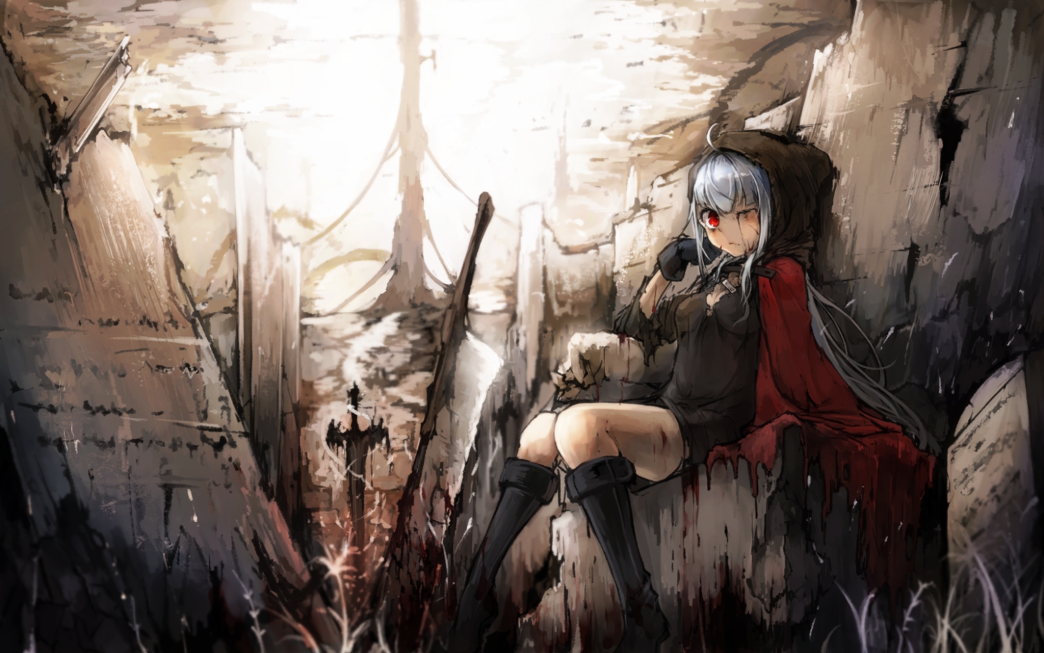 boots, cape, gloves, hood, kajaneko, long_hair, original, red_eyes