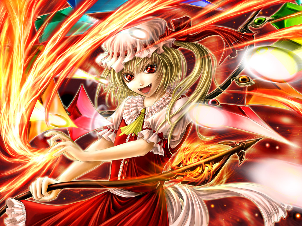 blonde_hair, flandre_scarlet, hat, red_eyes, touhou, vampire, weapon, yuki_shuuka
