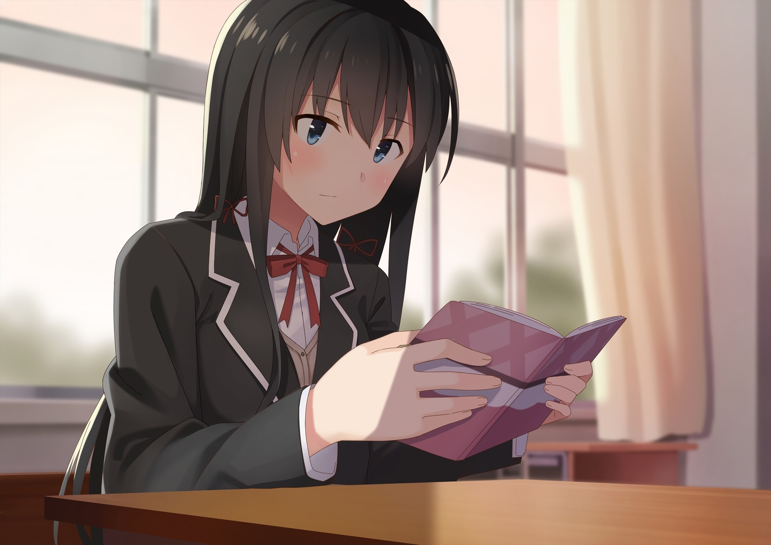 black_hair, blue_eyes, book, dacchi, long_hair, ribbons, school_uniform, yahari_ore_no_seishun_love_come_wa_machigatteiru.
