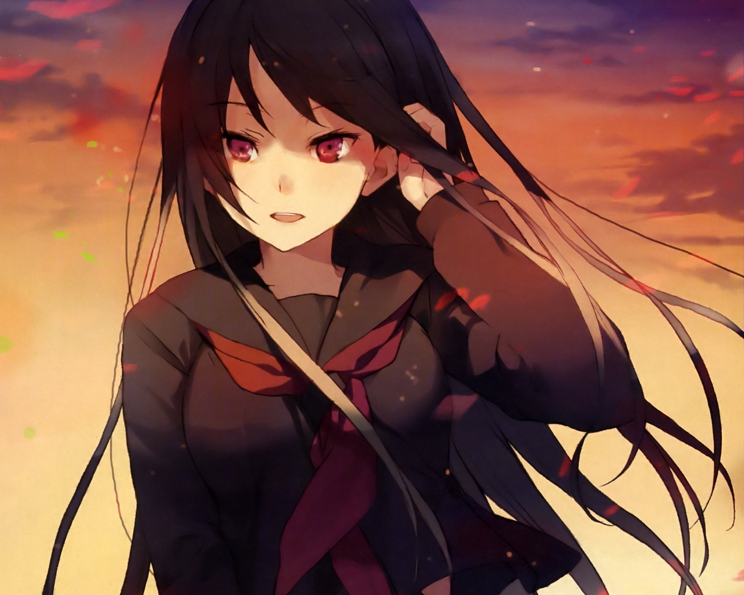 akinashi_yuu, black_hair, close, cropped, long_hair, original, red_eyes, scan, school_uniform, sunset