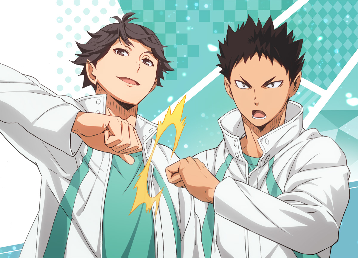 all_male, brown_eyes, brown_hair, gray_eyes, haikyuu!!, iwaizumi_hajime, male, nyoro_(nyoronyoro000), oikawa_tooru, short_hair