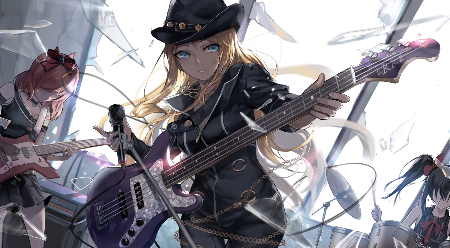 aqua_eyes, ayase_eri, bass, black_hair, blonde_hair, bodysuit, bow, chain