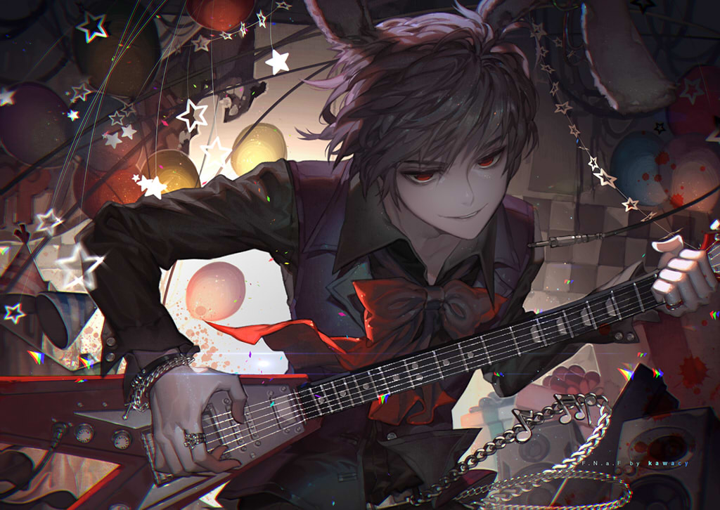 all_male, animal_ears, anthropomorphism, bonnie_(five_nights_at_freddy's), bow, bunny_ears, five_nights_at_freddy's, guitar