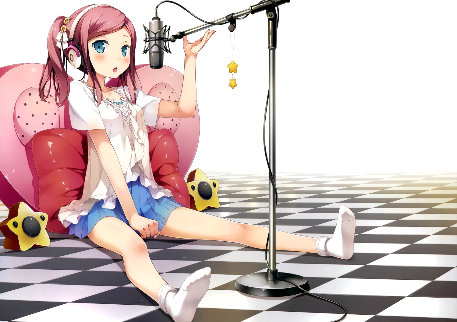 blue_eyes, chiyoda_momoka, cube, headphones, kantoku, koi_suru_kanojo_no_bukiyou_na_butai, microphone, pink_hair, ponytail, scan, skirt, socks, third-party_edit