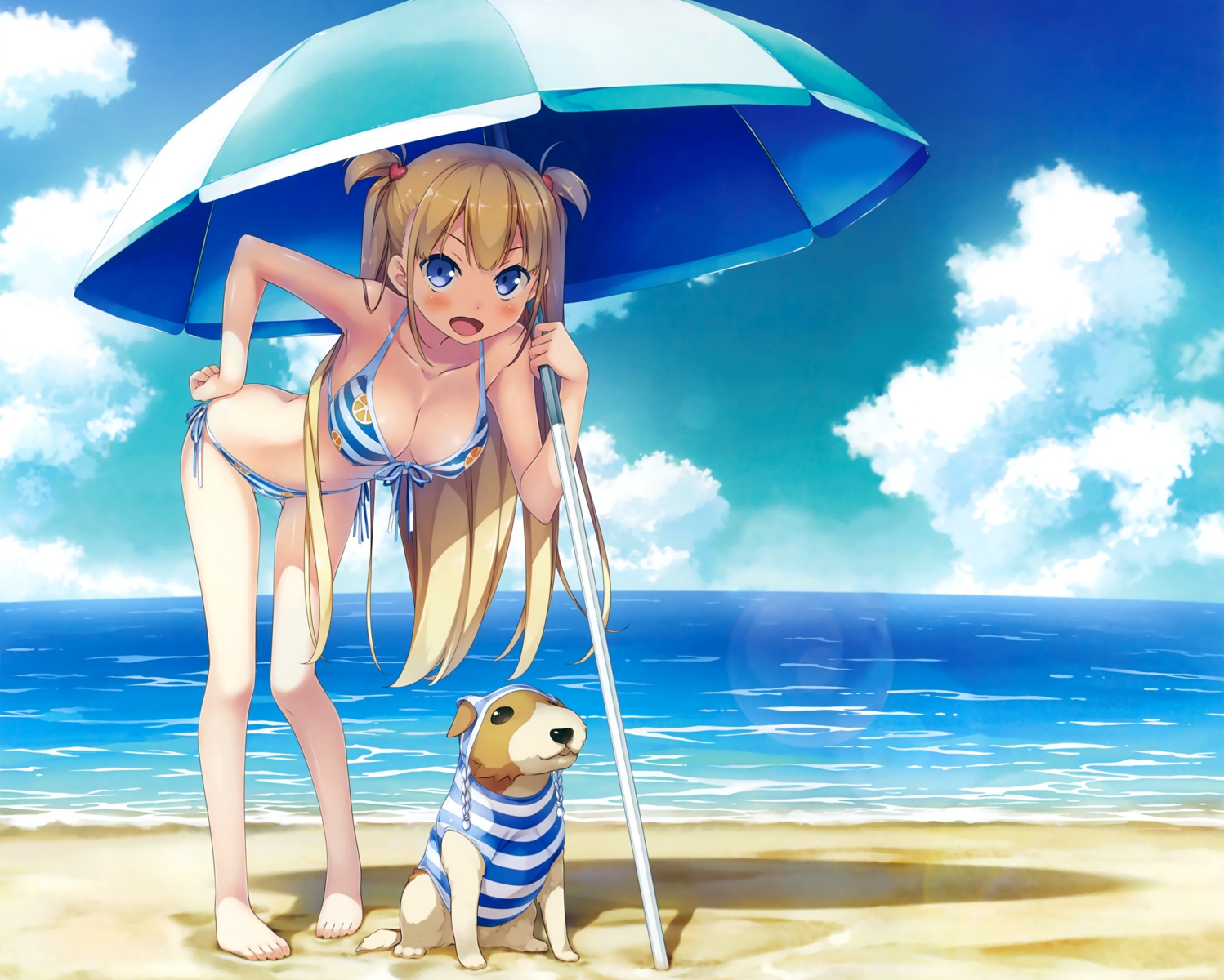 alice_third_macy, animal, barefoot, beach, bikini, blonde_hair, blue_eyes, blush, breasts, cleavage, clouds, cube, dog, kantoku, koi_suru_kanojo_no_bukiyou_na_butai, long_hair, scan, swimsuit, third-party_edit, umbrella, water