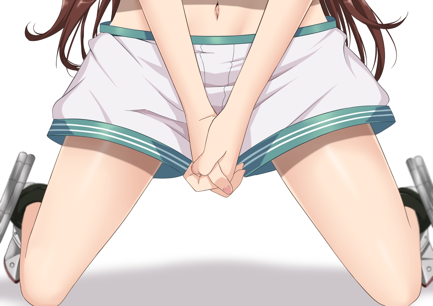 anthropomorphism, brown_hair, close, kantai_collection, kuma_(kancolle), long_hair, navel, ohiya, shorts