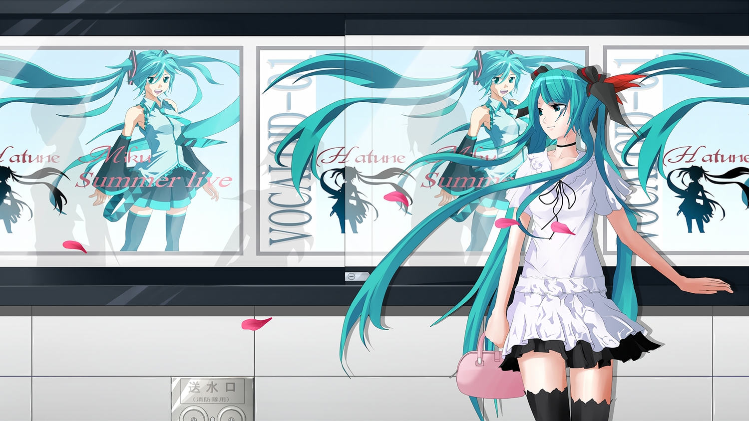aqua_eyes, aqua_hair, dress, eto, hatsune_miku, long_hair, thighhighs, twintails