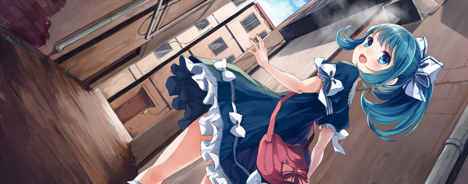 aqua_eyes, aqua_hair, aquarium_tama, building, clouds, dress, dualscreen, fang