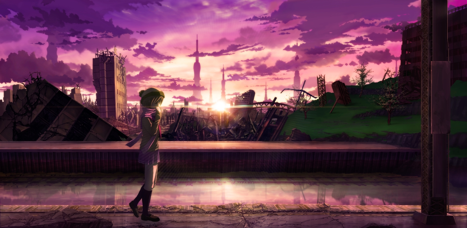 feel_(nasitaki), grass, hat, kneehighs, original, purple, reflection, ruins