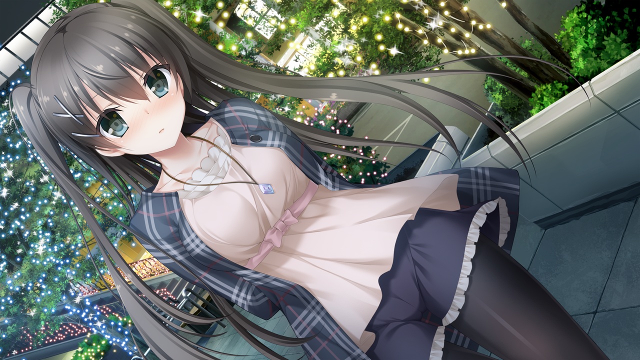blue_eyes, brown_hair, cameltoe, christmas, futaba_saki, game_cg, lip_kiss, necklace, pantyhose, shorts, twintails, unasaka_ryou