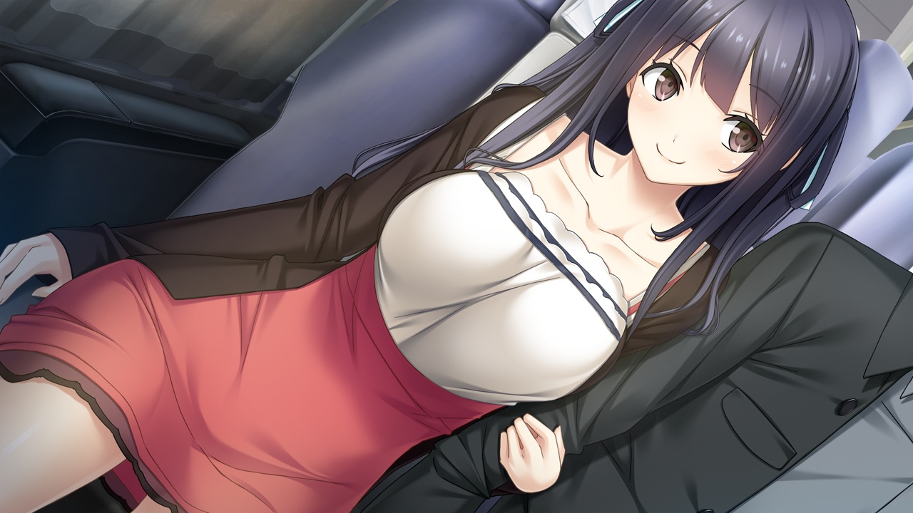 breasts, brown_eyes, brown_hair, game_cg, itsugaya_kanade, lip_kiss, mikoto_akemi, skirt