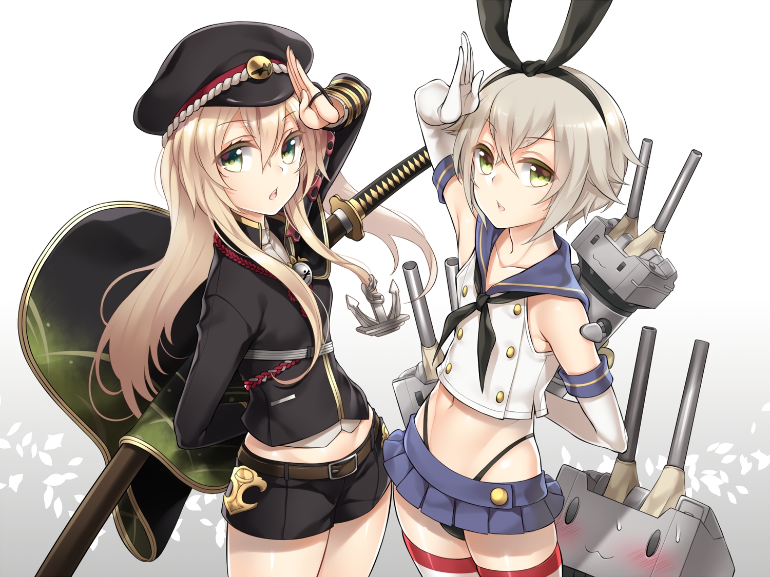 anthropomorphism, cosplay, crossover, elbow_gloves, fuya_(tempupupu), gloves, green_eyes, hat, headband, hotarumaru, kantai_collection, katana, long_hair, male, otoko_no_ko, panties, rensouhou-chan, shimakaze_(kancolle), short_hair, shorts, sword, underwear, waifu2x, weapon
