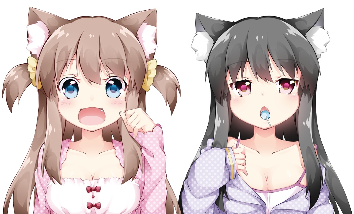 2girls, animal_ears, black_hair, blue_eyes, breasts, candy, catgirl, cleavage, close, fang, inumine_aya, lollipop, original, purple_eyes, twintails, white