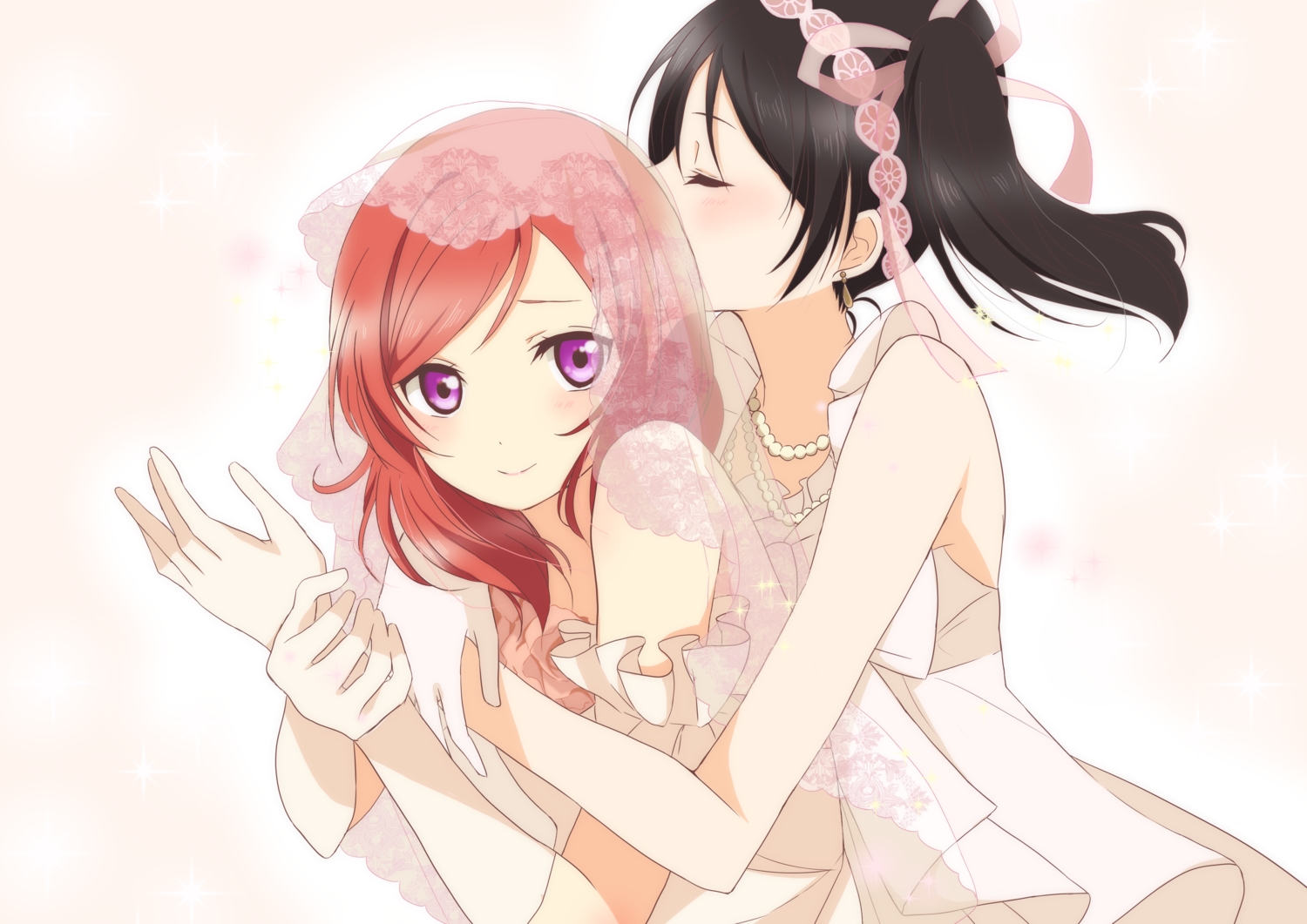 2girls, azuko_(ampenm), black_hair, hug, love_live!_school_idol_project, necklace, nishikino_maki, purple_eyes, red_hair, shoujo_ai, wedding, wedding_attire, yazawa_nico