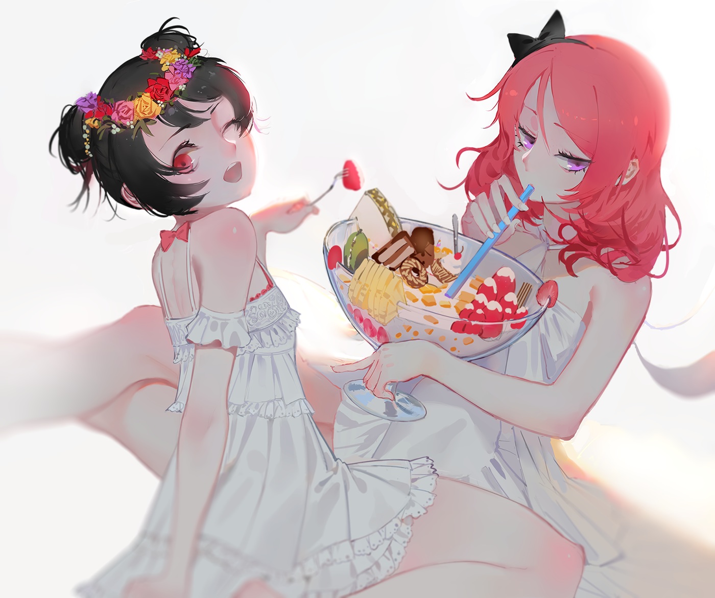 2girls, black_hair, cake, dress, drink, flowers, food, fruit
