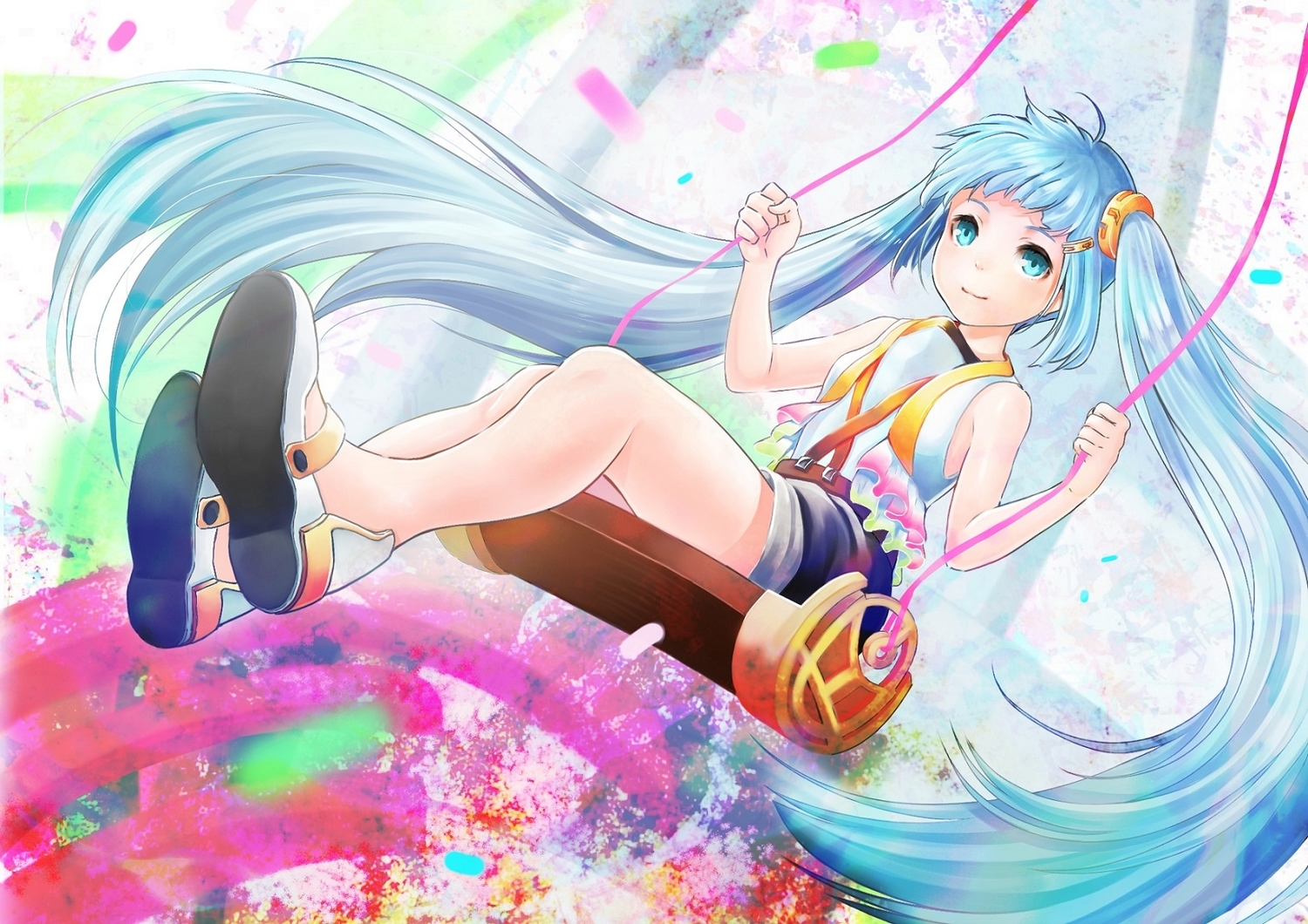 aqua_eyes, aqua_hair, loli, long_hair, muishiki_(umauma016), original, shorts, twintails