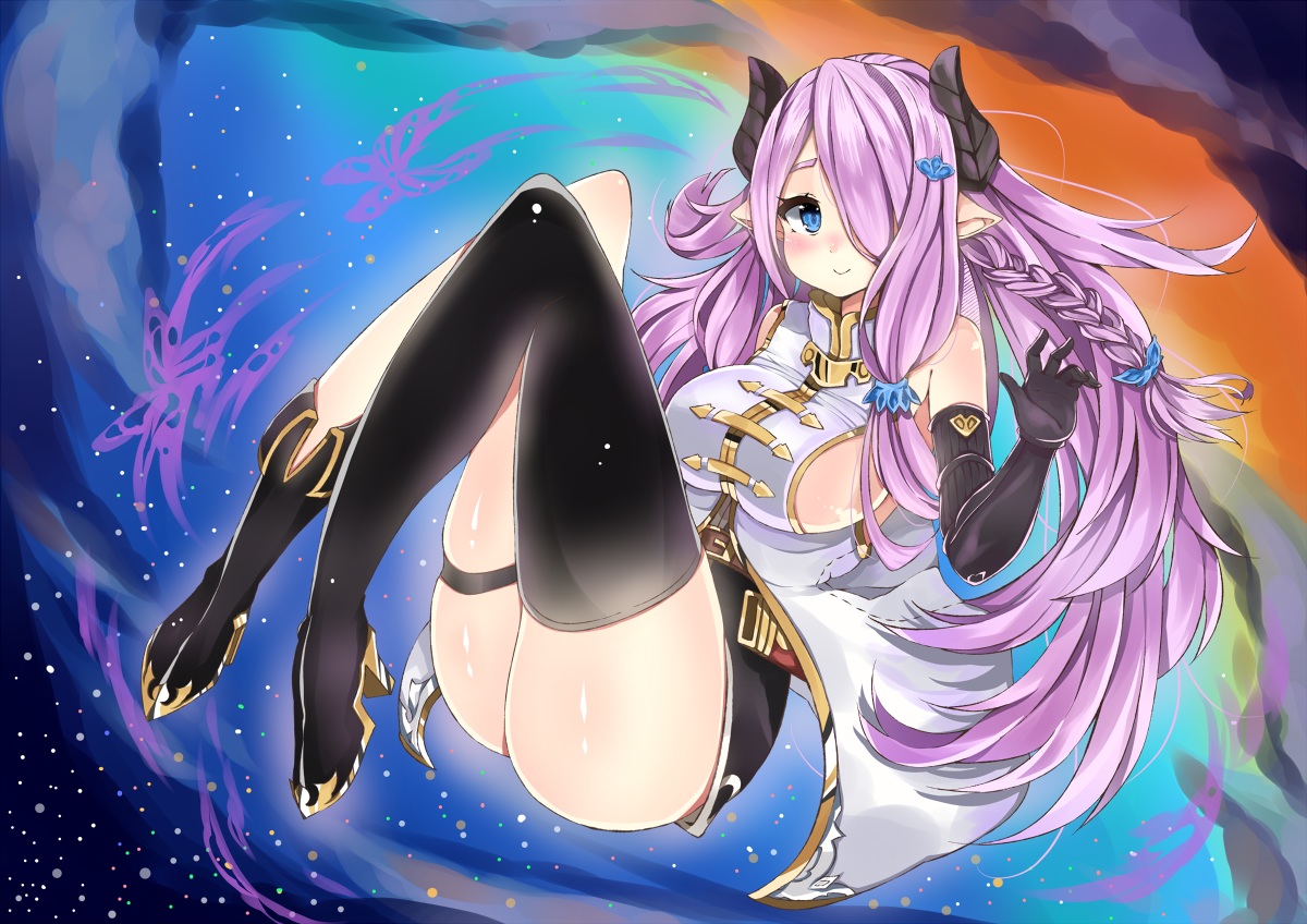 aliasing, blue_eyes, boots, braids, breasts, elbow_gloves, garter, gloves, granblue_fantasy, horns, long_hair, narmaya_(granblue_fantasy), neku_(sky_hologram), pointed_ears, purple_hair, sideboob, thighhighs