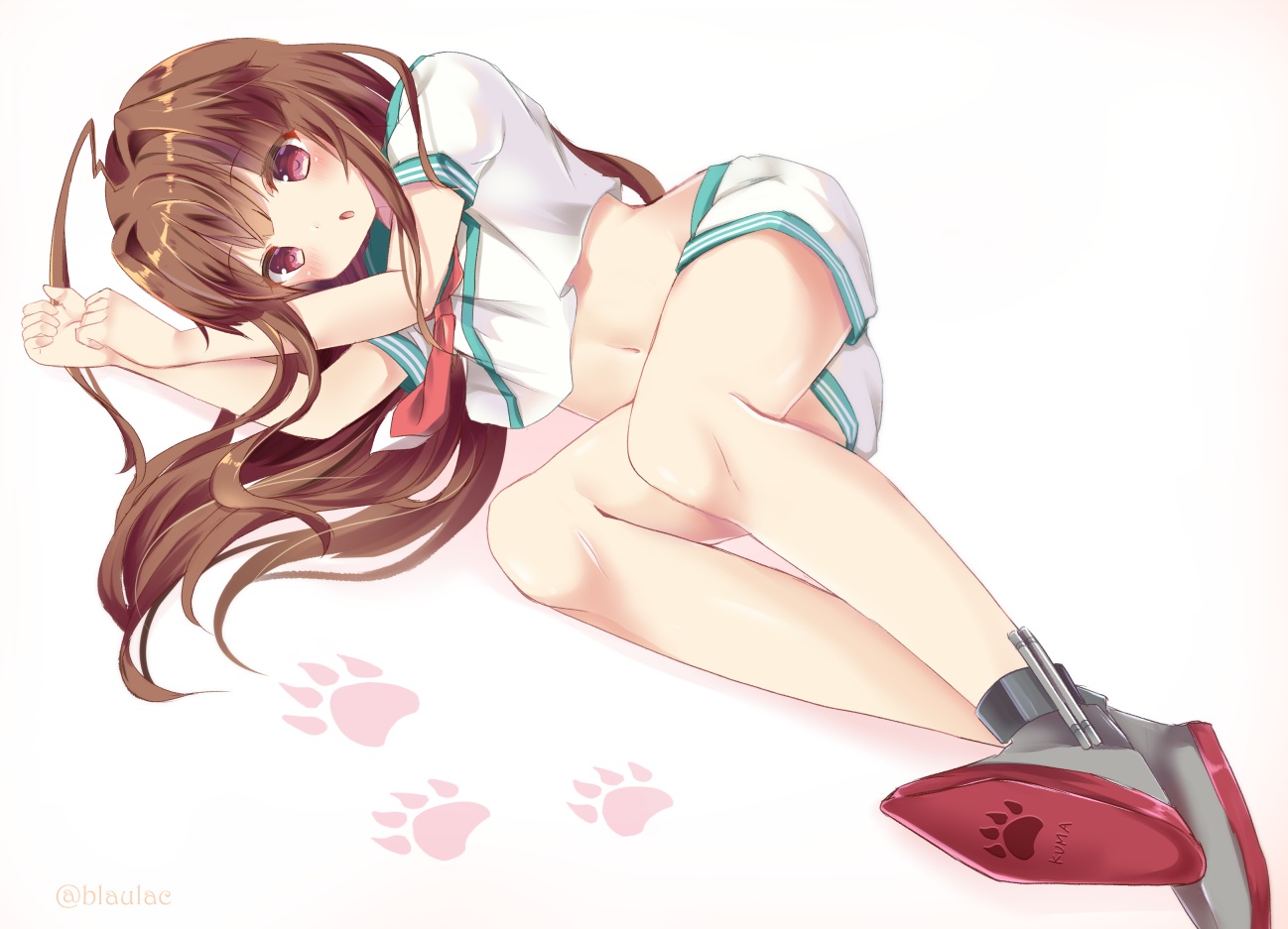 anthropomorphism, boots, brown_hair, kantai_collection, kuma_(kancolle), long_hair, masakazu_(coccinellee), navel
