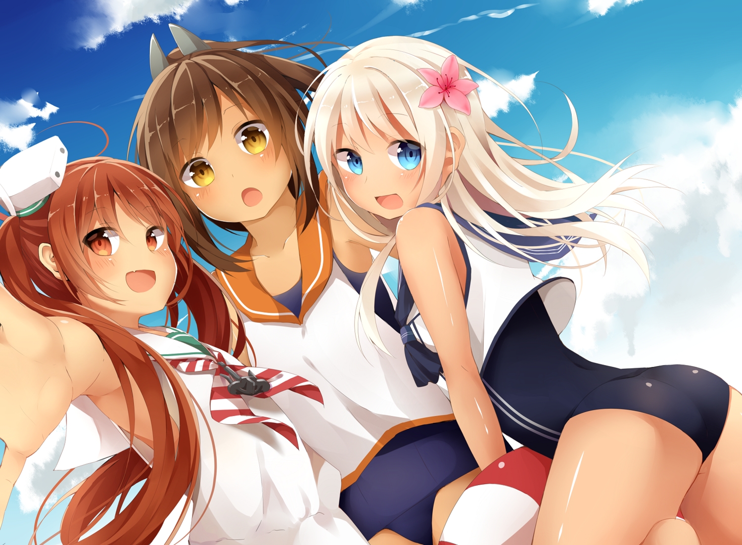 anthropomorphism, aqua_eyes, blonde_hair, blush, brown_hair, clouds, dark_skin, fang