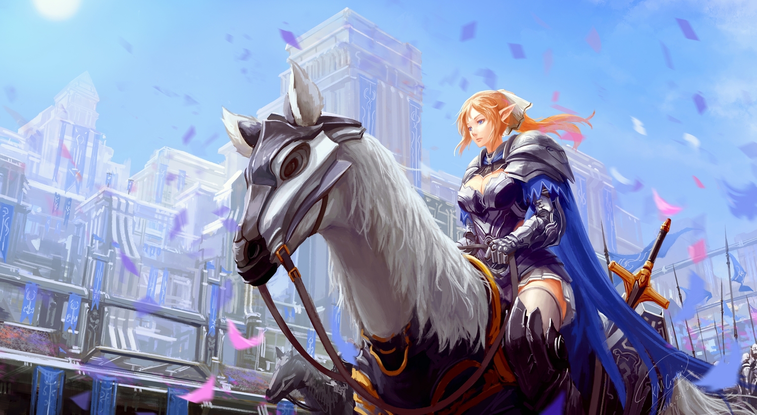 animal, armor, blonde_hair, blue_eyes, breasts, building, cape, city
