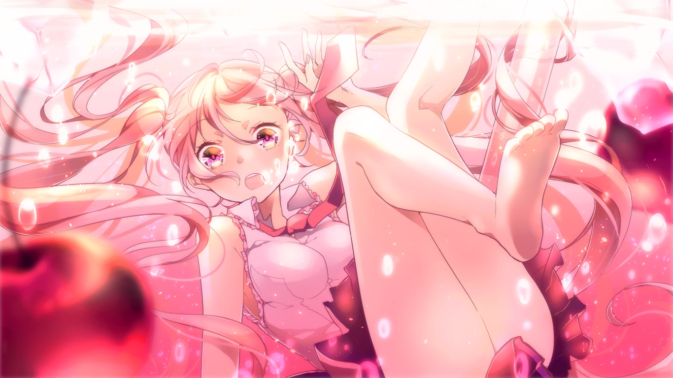 asagao_minoru, barefoot, cherry, food, fruit, hatsune_miku, long_hair, sakura_miku, tie, underwater, vocaloid, water