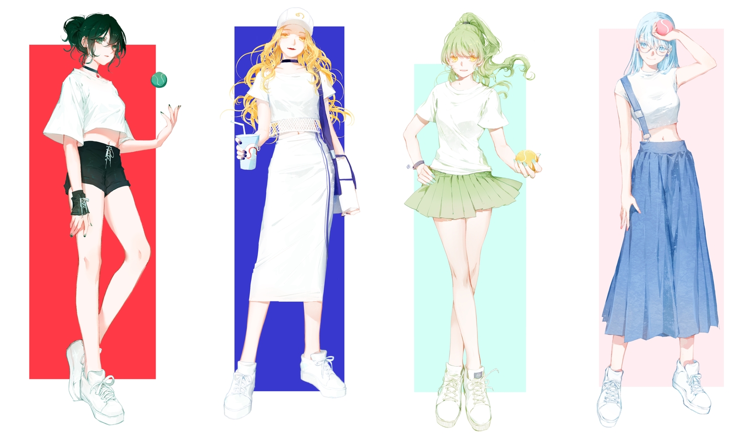 aqua_eyes, aqua_hair, ball, blonde_hair, choker, drink, glasses, green_eyes