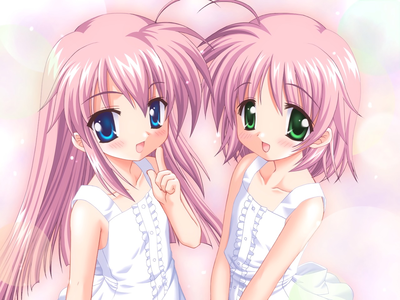 2girls, asakura_maina, asakura_yuna, blue_eyes, blush, dress, game_cg, green_eyes
