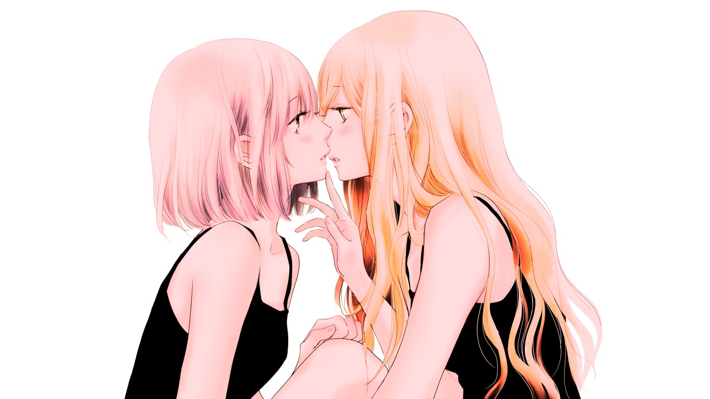 2girls, blonde_hair, blush, green_eyes, long_hair, original, pink_hair, short_hair, shoujo_ai, white, yorita_miyuki