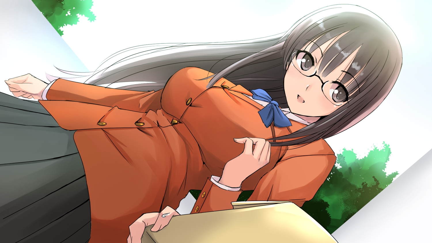 brown_eyes, brown_hair, glasses, miracle_hoshi, original, skirt, tree