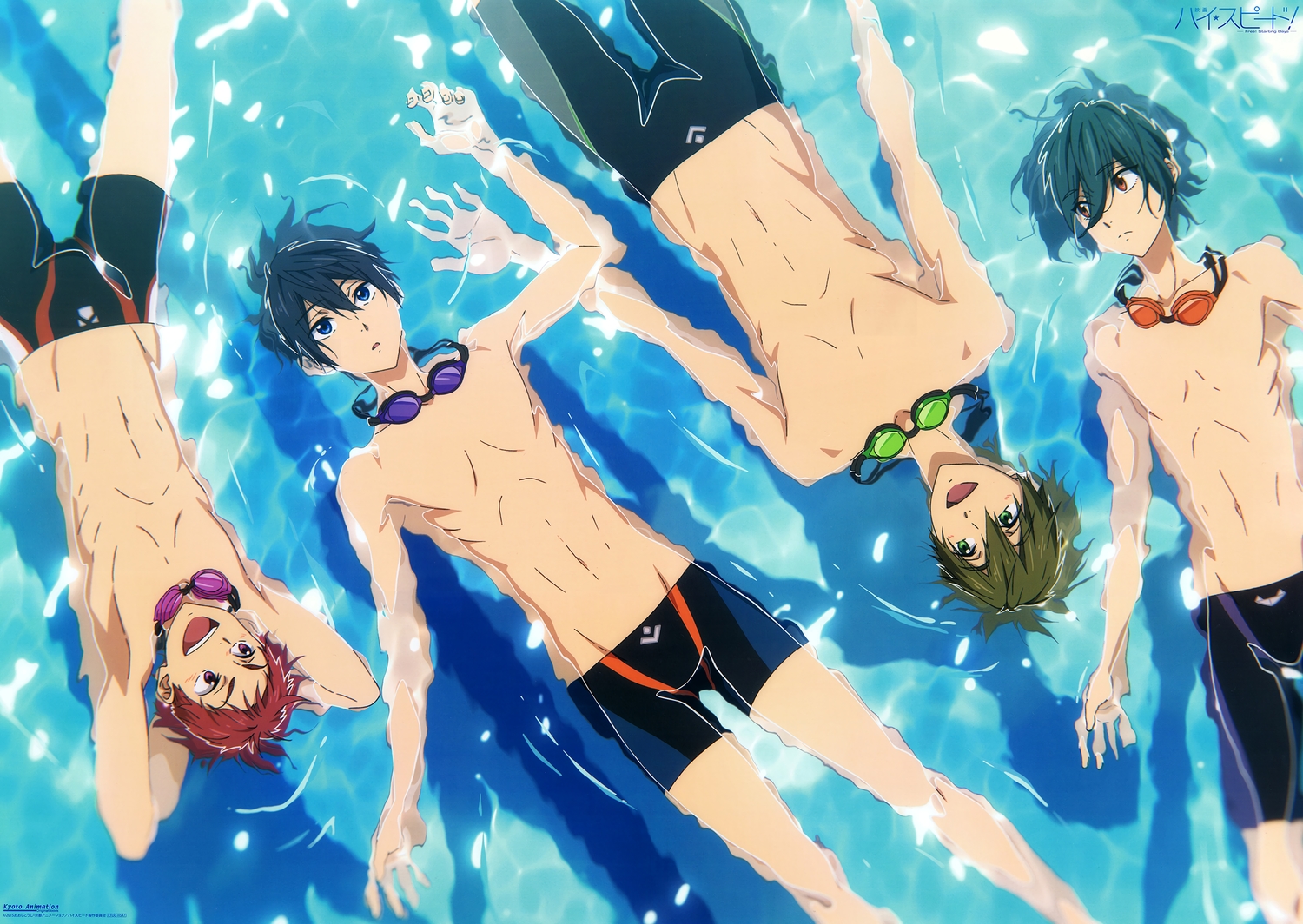 all_male, black_hair, blush, brown_eyes, free!, goggles, green_eyes, green_hair