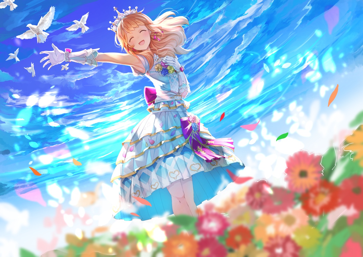 aikatsu!, animal, bird, brown_hair, crown, flowers, gloves, koruse, long_hair, oozora_akari, skirt