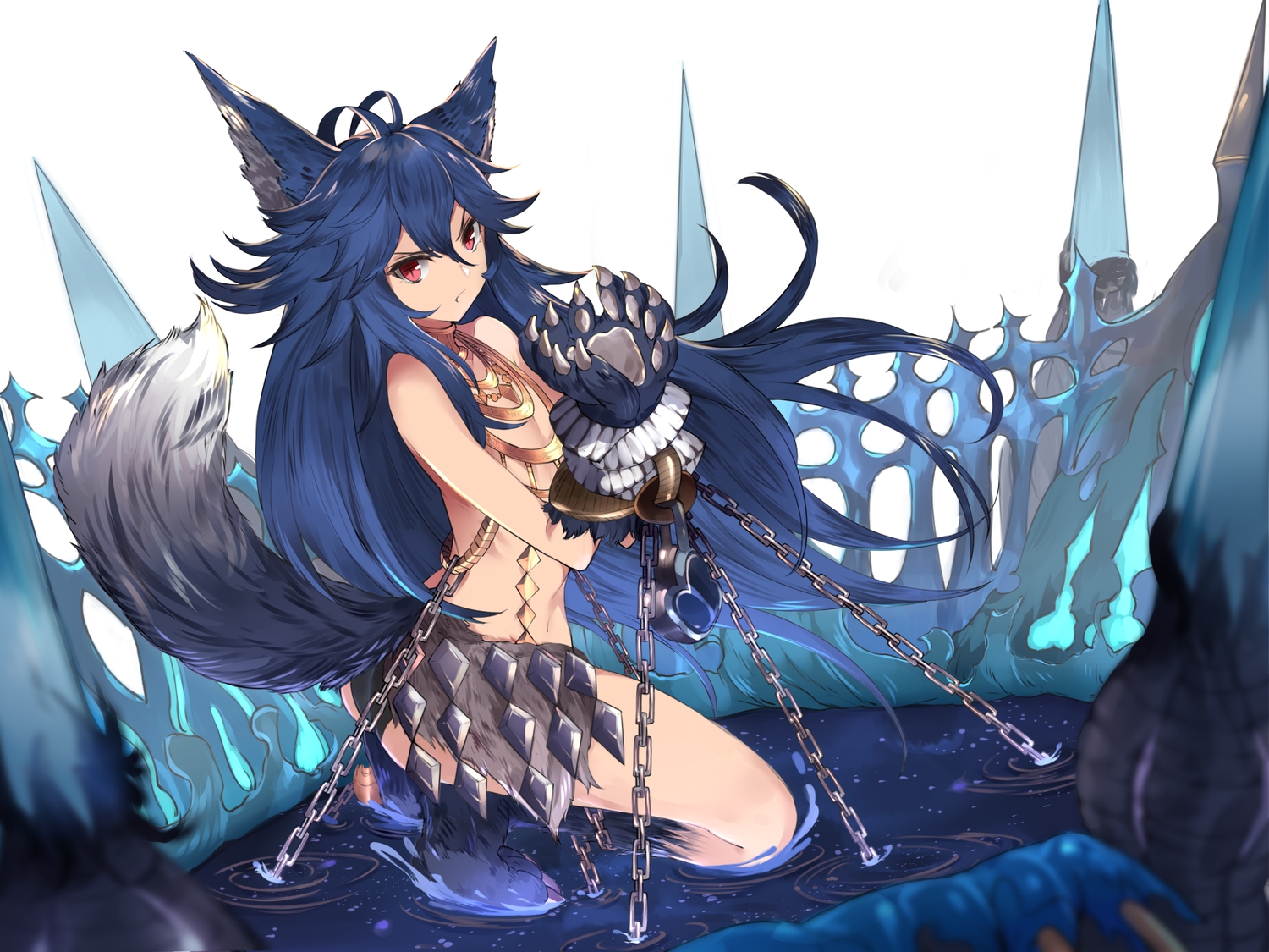 animal_ears, blue_hair, chain, collar, fang, fenrir, granblue_fantasy, long_hair