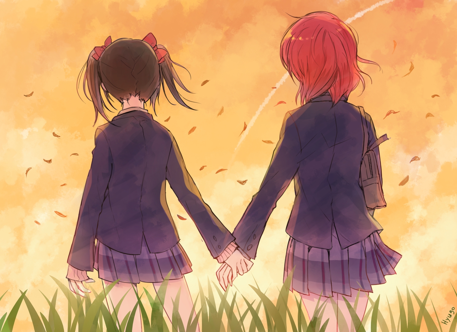 2girls, grass, hyugo, love_live!_school_idol_project, nishikino_maki, school_uniform, shoujo_ai, skirt