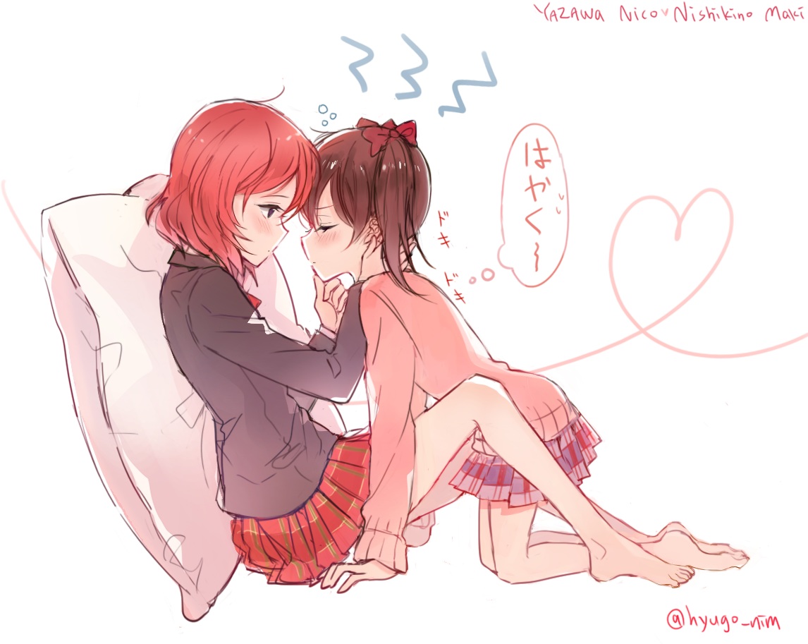 2girls, barefoot, blush, brown_hair, hyugo, love_live!_school_idol_project, nishikino_maki, red_hair, school_uniform, short_hair, shoujo_ai, signed, yazawa_nico
