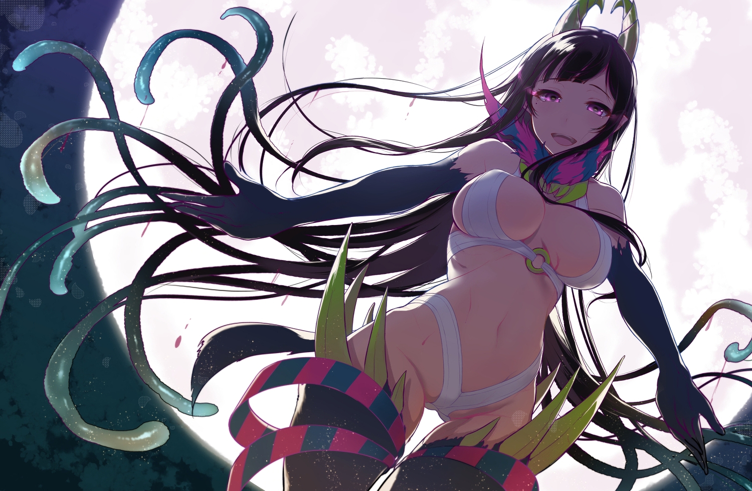 ane_naru_mono, black_hair, breasts, chiyo_(ane_naru_mono), demon, elbow_gloves, gloves, long_hair, moon, navel, pink_eyes, pochi_(pochi-goya), thighhighs, waifu2x
