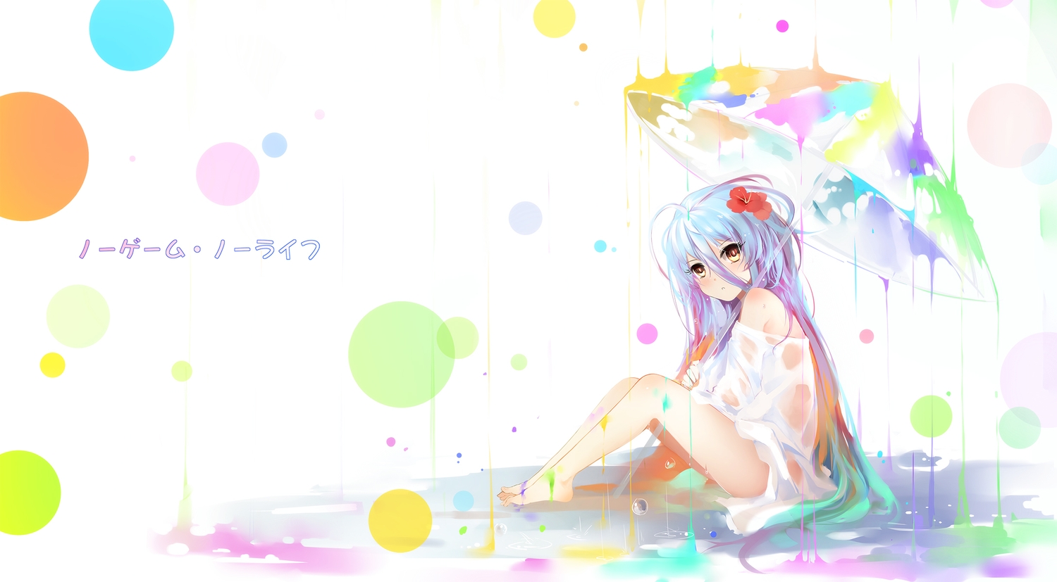 aqua_hair, barefoot, bba_biao, flowers, loli, long_hair, no_game_no_life, rain
