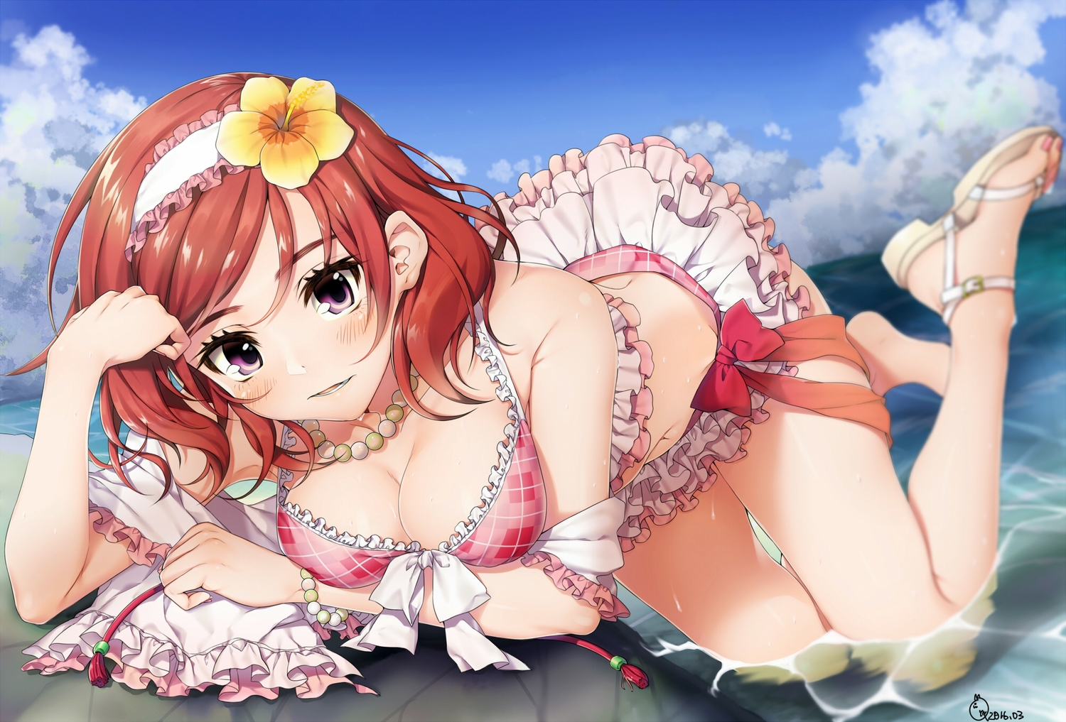 bikini, blush, breasts, cleavage, love_live!_school_idol_project, nishikino_maki, purple_eyes, red_hair, swimsuit, water, yana_mori