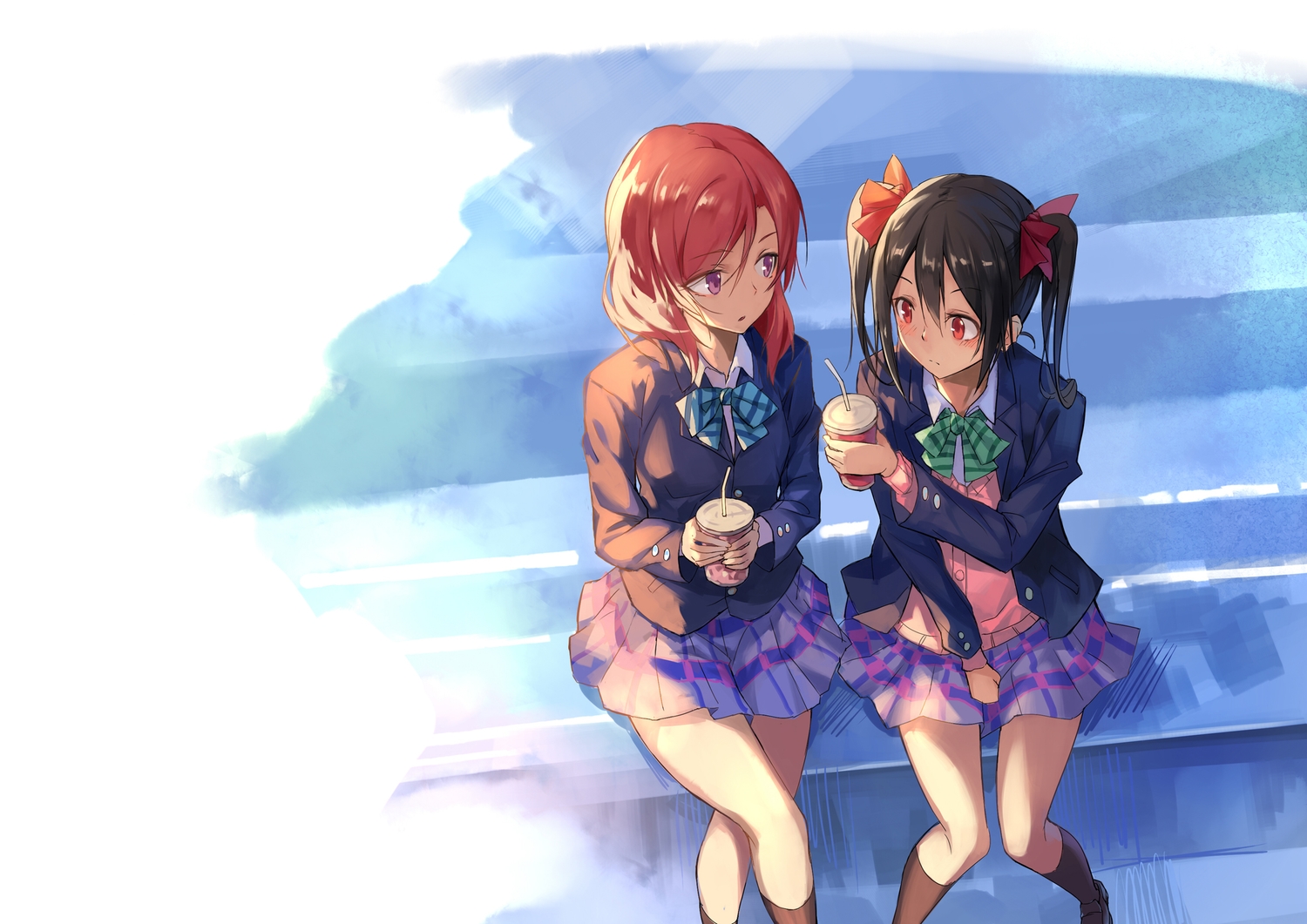 2girls, black_hair, blush, bow, drink, kamisa, kneehighs, love_live!_school_idol_project