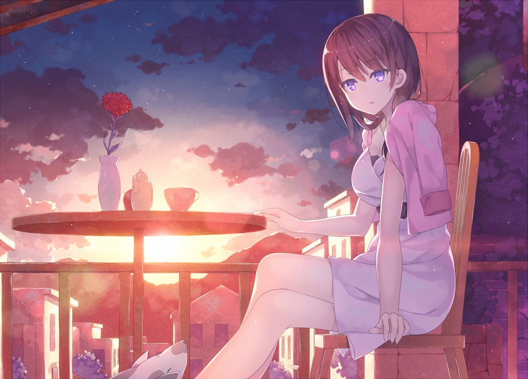 animal, breasts, brown_hair, building, cleavage, clouds, dress, drink, flowers, hai_to_gensou_no_grimgar, kaname_024, mary_(grimgar), purple_eyes, short_hair, sky, sunset