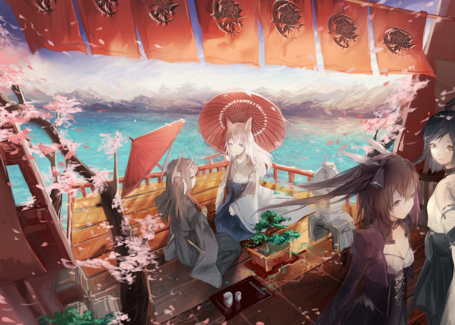 breasts, cleavage, group, japanese_clothes, original, pixiv_fantasia, sa'yuki, water