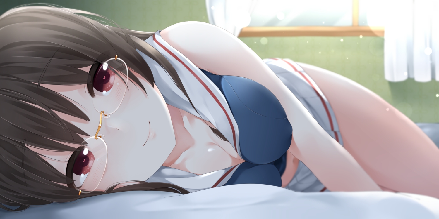 anthropomorphism, breasts, brown_hair, choukai_(kancolle), cleavage, close, glasses, kantai_collection, red_eyes, skirt, yukichi_(sukiyaki39)