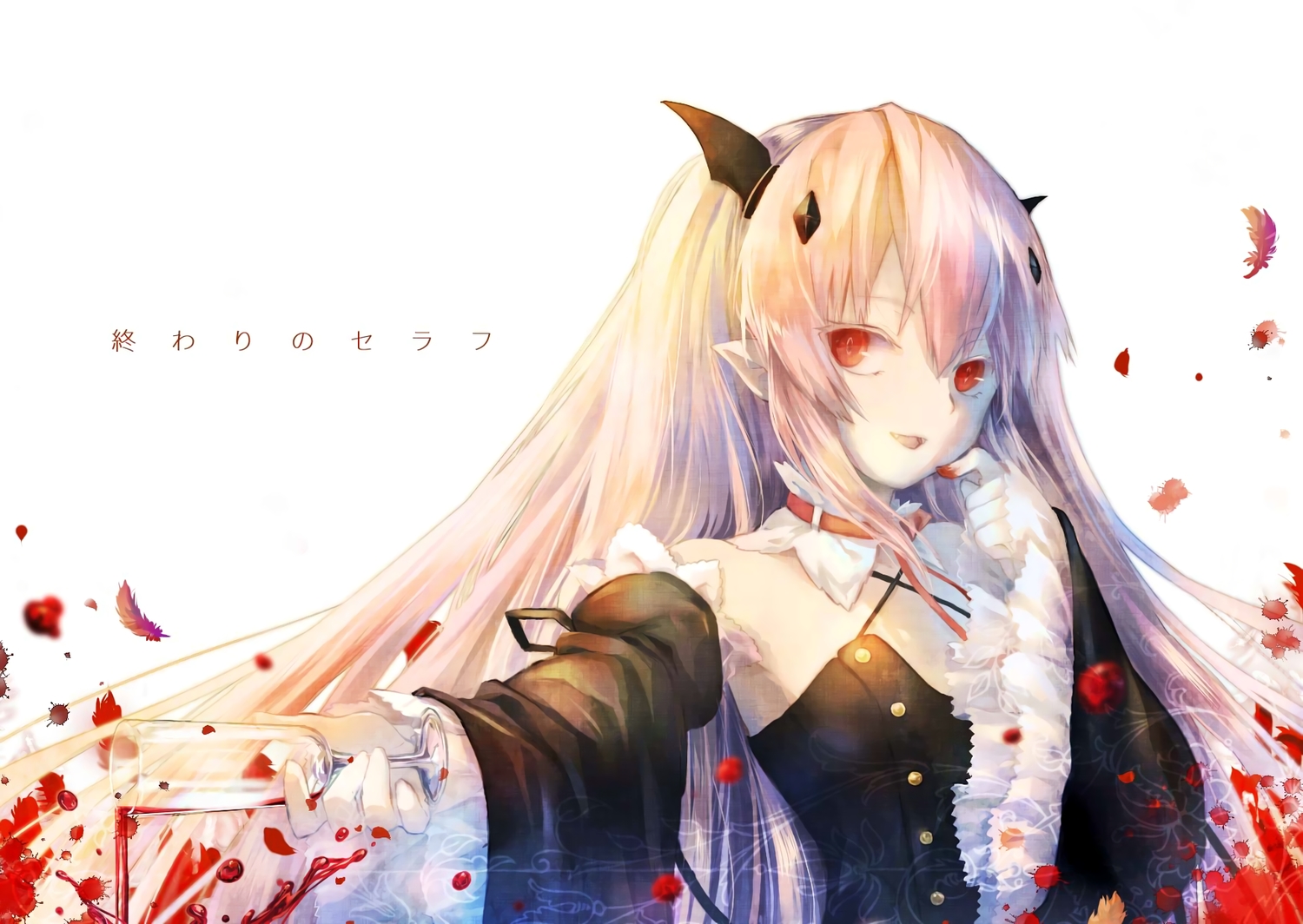 blood, collar, drink, krul_tepes, mio_(pixiv6572033), owari_no_seraph, pointed_ears, red_eyes
