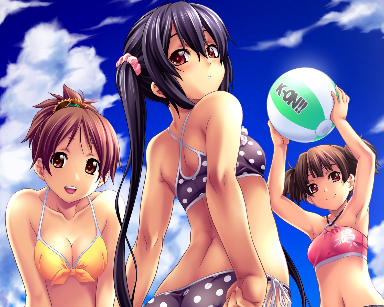 ball, beach, bikini, black_hair, breasts, brown_eyes, brown_hair, cleavage, clouds, cropped, flowers, hirasawa_ui, k-on!, long_hair, nagayori, nakano_azusa, ponytail, red_eyes, sky, sunflower, suzuki_jun, swimsuit, twintails